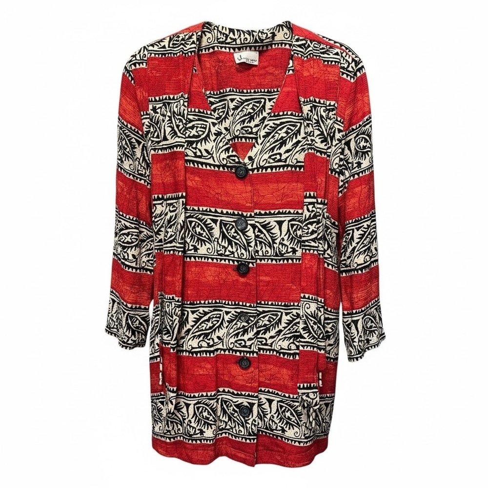 Vintage Justin B Jones Women’s Red and Black Patterned Button-Up Blouse Size L